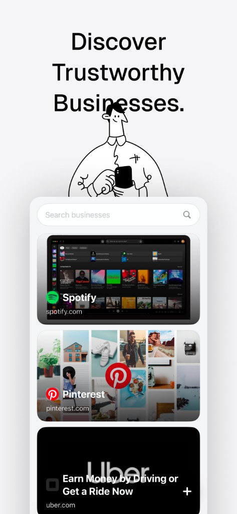 Vouch home screen showing business listings